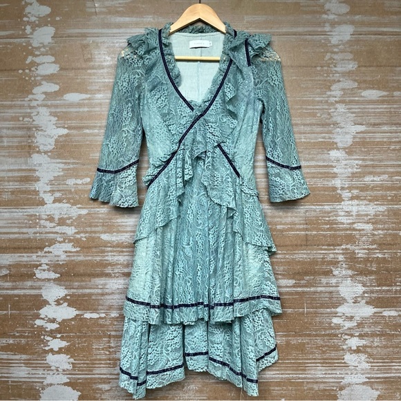 Kubera S. Lace Ruffle Mini Dress Whimsy Goth Western Prairie Boho Blue Womens S - Picture 1 of 4